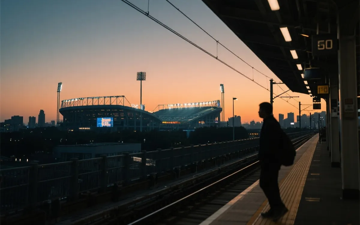 比赛日从城市观光切换到球场动线的黄昏通勤氛围图